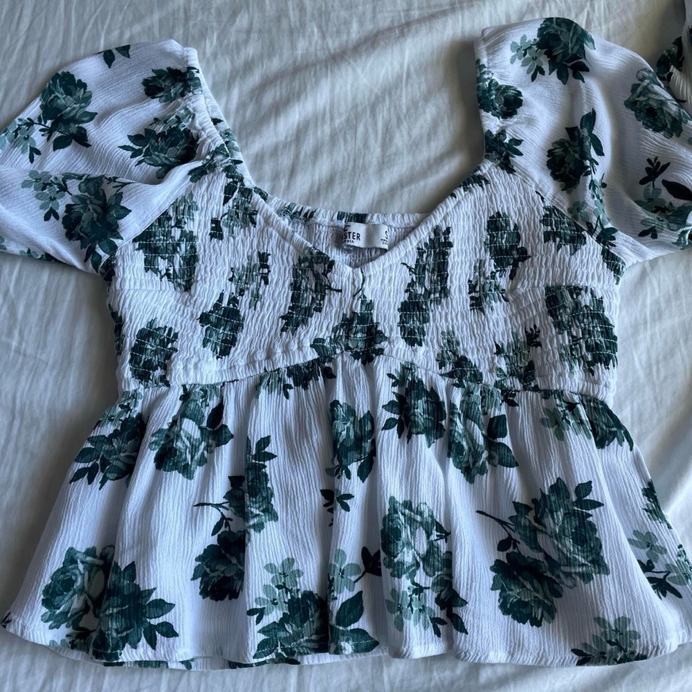 Smocked Peplum Floral long sleeve Top - White with Green Floral